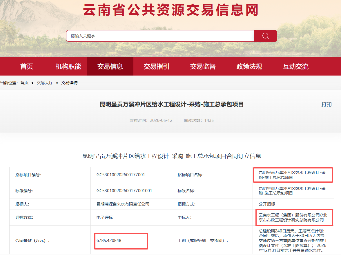云南水务关联企业联合中标昆明6785.42万元给水工程总承包项目